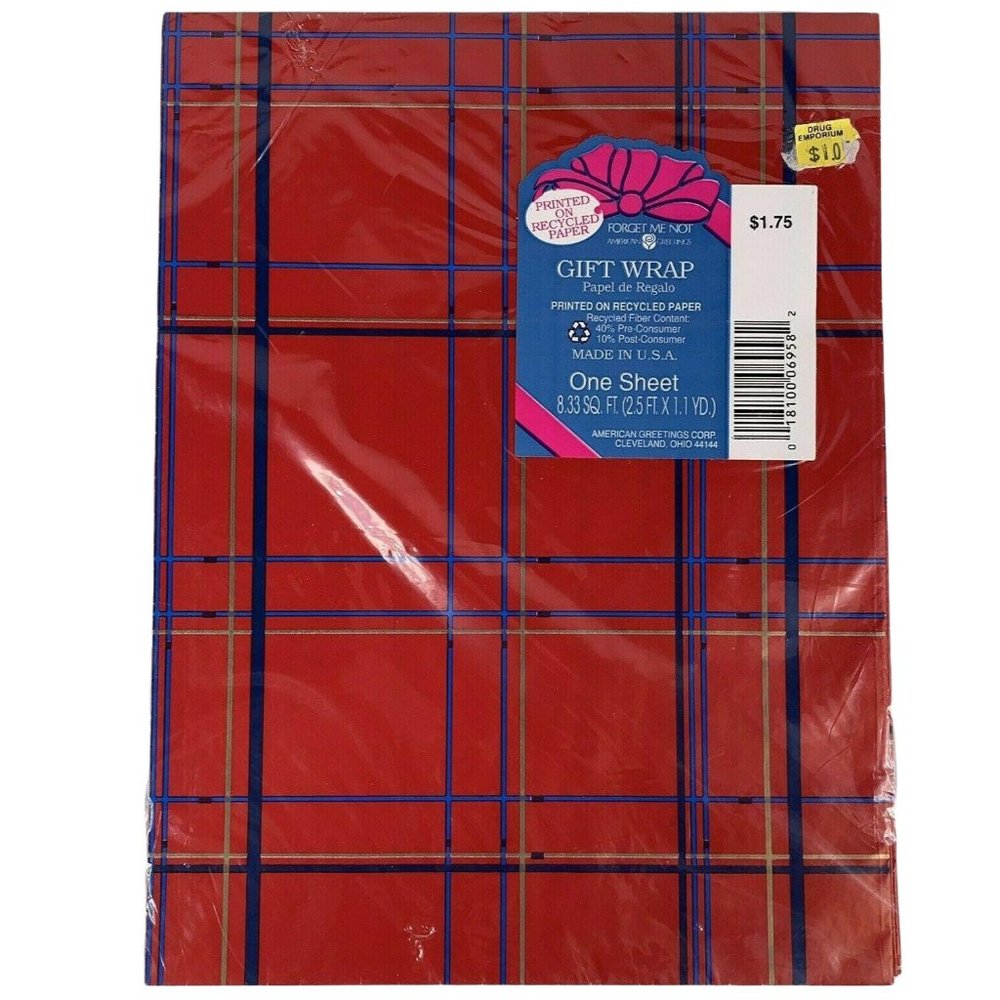 Vtg American Greetings Plaid All Occasion Gift Wrap Sheet 30" x 1.1 Yd Wrapping